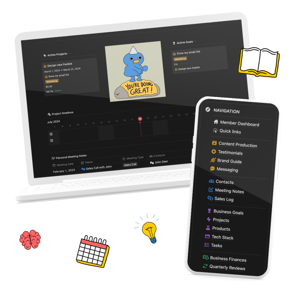 the personal dashboard is shown inside of a laptop screen, while a phone screen shows the navigation list. small illustrated icons of a brain, a calendar, a lightbulb, and a book surround the two screens.