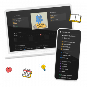 the personal dashboard is show inside of a laptop screen, while a phone screen shows the navigation list. small illustrated icons of a brain, a calendar, a lightbulb, and a book surround the two screens.