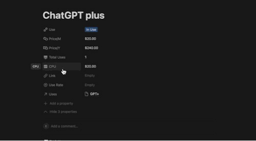A gif that shows what a Cost Analysis formula looks like in Notion