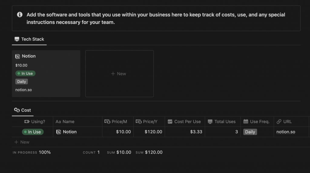 an image showing different ways you can document your tech stack in notion