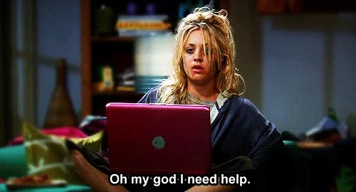 a gif of a girl with messy blond hair and mussed lipstick sits in front of a computer saying "oh my god I need help"