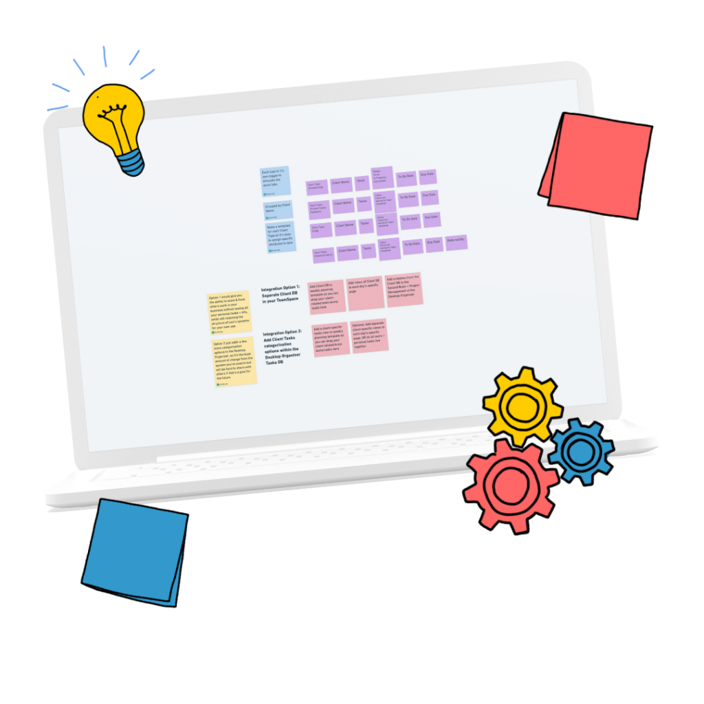 a computer screen shows an image of of sticky notes gathered in color coded blocks on the screen