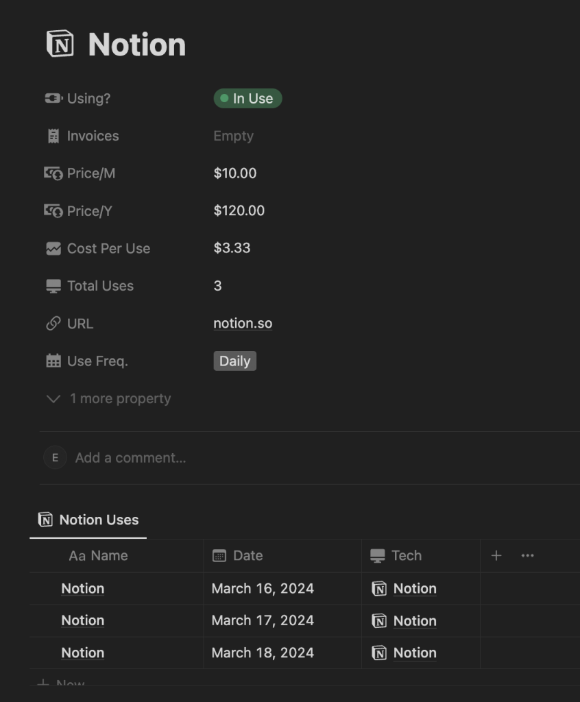 An image showing what it looks like to track your subscriptions and use cases in Notion