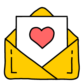 a yellow hand-drawn envelope with a white card showing a pink heart inside