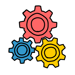 Three hand-drawn cogs arranged in a triangle, one is pink, one is blue, and one is yellow