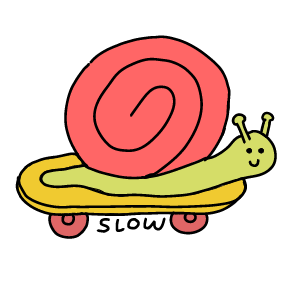 A pink and green snail smiling and riding a yellow skateboard
