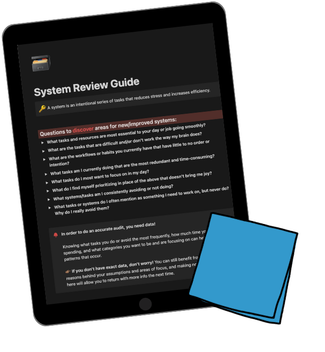 an image of an iPad showing a list of questions on a Notion page, with a blue cartoon sticky note in front of the ipad