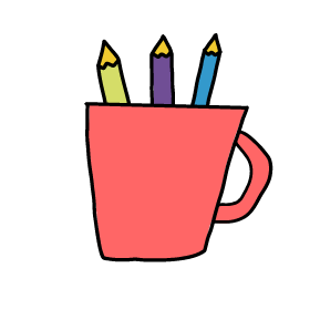 a pink mug with three different colored pencils sticking, writing end up, out of the top.